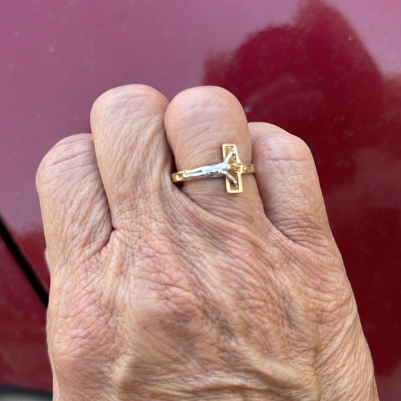 White Gold & Yellow Gold 10k Cross Ring - Picture 2 of 5